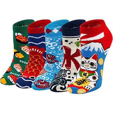 5 par held og lykke sokker til kvinder med kattemønster, bomuldssokker f