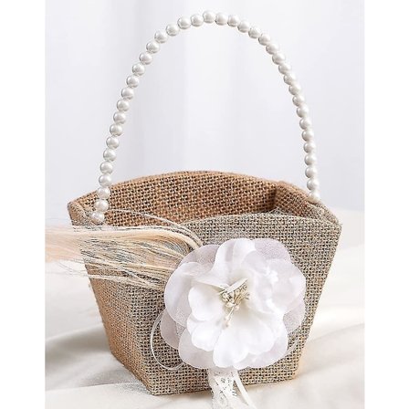 Rustik Blomsterpige Kurv Burlap Jute Kurv Med Perlehåndtag Til Vintage Bryllup Ceremoni