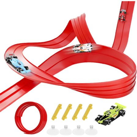 5 Meter Barnracerbana – Böjbar & Rullbar, 4 Småbilar med Sugkoppar, Dubbelriktad Flexibel Racerbana, Leksak för 3+