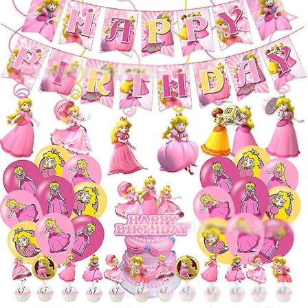 Super Mario Bros Prinsesse Peach Tema Børn Piger Fødselsdagsfest Dekorationer Forsyninger Balloner Banner Hvirvler Kage Cupcake Toppers Sæt Kit