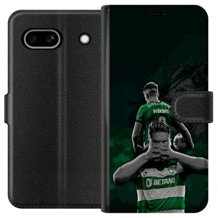 Yhteensopiva Lompakkokotelo Google Pixel 7a Neonmotiivi, jossa teksti "Gaming is in my DNA" sinisenä ja punaisena tiiliseinällä, jossa loistava DNA-sp