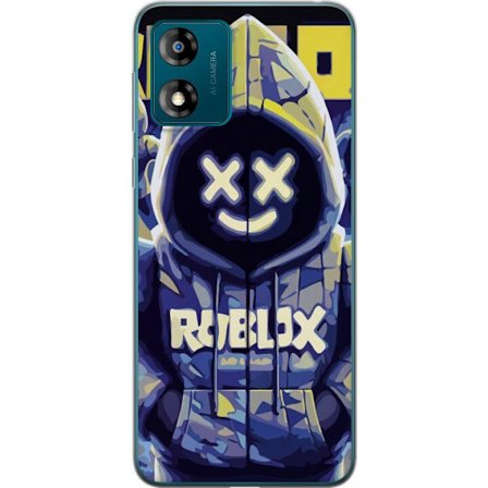 Kompatibelt Mobildeksel til Motorola Motorola Moto E13 Blågul Roblox hettegenserfigur med minimalistisk neonstil og masket ansikt, moderne spillillus