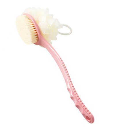 Badebørste med børster og luffa, rygskrubber badesvamp med buet langt håndtag