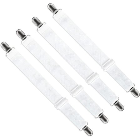 Lang elastisk montert lakenstrammer, justerbar stroppfeste for laken, sofa, strykejernstrekk (hvit, 4-pakning)