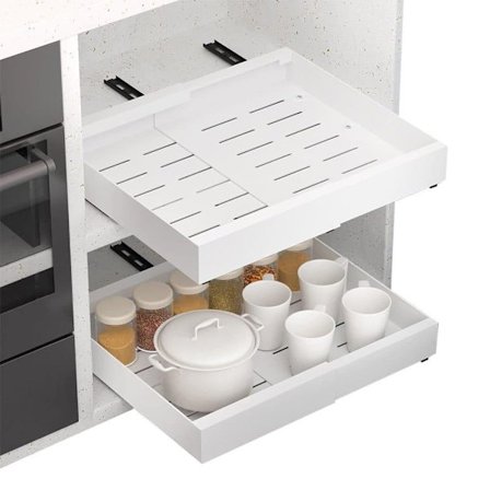 Justerbar bredde metal opbevaringshylde til skabe 32–52 x 42 x 7,5 cm teleskopisk udtræksskuffe til køkkenskab, ingen boring nødvendig