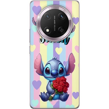 Kompatibelt Mobildeksel til Honor Magic7 Lite Romantisk illustrasjon av Stitch som holder røde roser mot stripet bakgrunn