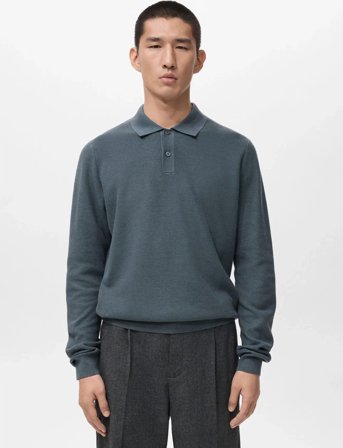 Mango Micro-Structured Cotton Polo Shirt - Blue - S