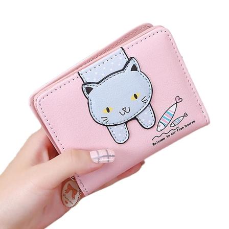 Jenter Kvinner Liten Lommebok Søt Katt Mønster Clutch Veske Mynt Holder Kortarrangør Rosa