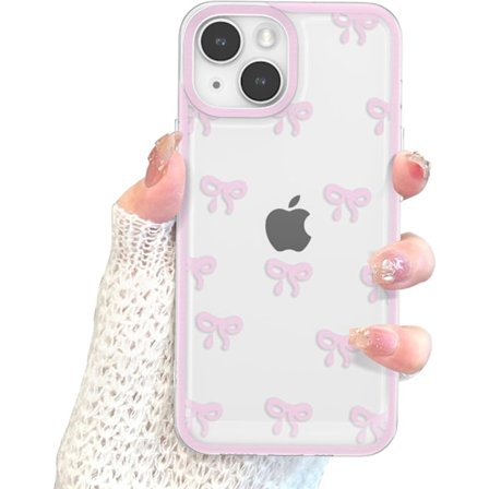 iPhone 15 Deksel, Klar Søt Sløyfe Knute Mønster Estetisk Transparent Telefondeksel Hevet Kamerabeskyttelse Stilig Slank - Rosa