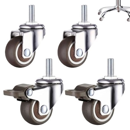 4-pak M8 x 15 mm drejelige hjul med gevind og bremser, 50 mm lydløse styrehjul til indendørs møbler, 360-graders rotation, 2 bremser