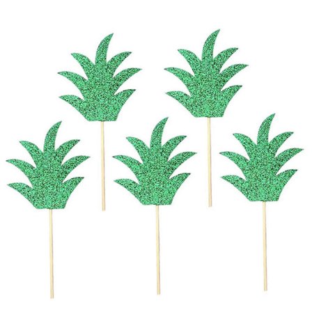 48 stk. Ananasblad Kagepynt Grøn Glitter Hawaii Kagedekorationer til Fødselsdagsfest_Specialtilbud