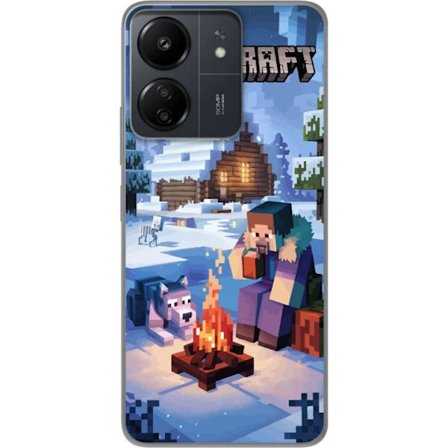 Kompatibelt Mobilskal till Xiaomi Redmi 13C Minecraft vintermotiv med Steve, varg, lägereld och snöig stuga spelinspirerad illustration perfekt för