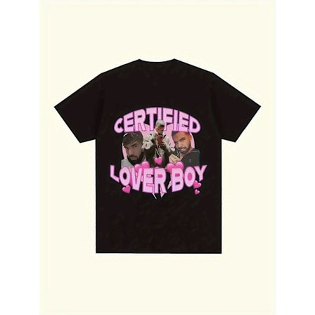Lover Boy Album Graafinen T-paita Miehille - Ylisuuri Musta Pyöreäkauluspaita Rohkealla Pinkillä Kirjoituksella & Sydänkuviolla, Hip Hop Streetwear, 