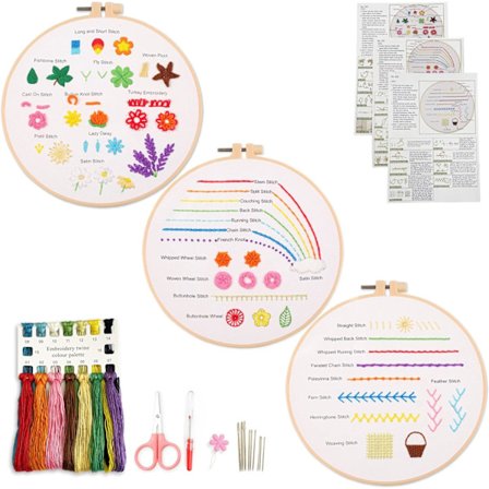 Broderi Begynder Sting Øvelse Kit, 3 stykke broderi starter kit til at lære 30 forskellige syteknikker