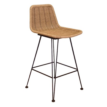 Barstol, naturlig rattan, sort metalstel, 42x53x90 cm