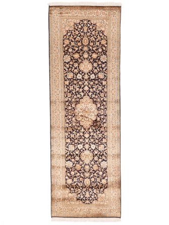 Kashmir Puur Zijde Vloerkleed Handgeknoopt 82X243 Tapijtloper Bruin/Oranje India