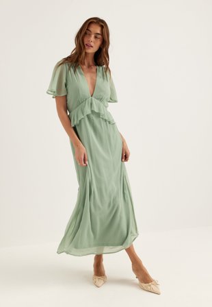 Bubbleroom Occasion - Butterfly Sleeve Chiffon Ankle Dress - Dusty green