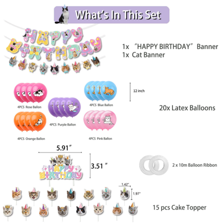Lemmikissateema Syntymäpäiväjuhla Koristeellinen kissan lippubanneri Kakkukortti Set