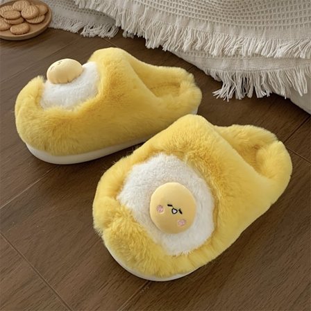 Søde tegneserie indendørs hjemmesko formet som spejlæg, varme fuzzy hjemmesko til ældre om vinteren., Til teenager