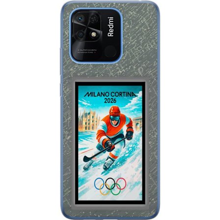Yhteensopiva Puhelinkuori Xiaomi Redmi 10C Curlingkuvitus pelaajilla ja kivillä jäällä, Milano Cortina 2026, lumisia roiskeita ja olympiasormukset