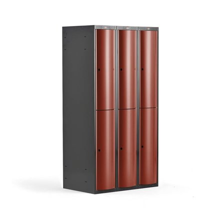 Clothes locker CURVE, 3 modules, 6 doors, 1740x900x550 mm, red
