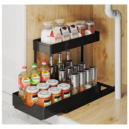 2-etagers opbevaring under vasken, køkkenarrangør, hylde under vasken til køkkenbadeværelse, køkkenskabarrangør KLB