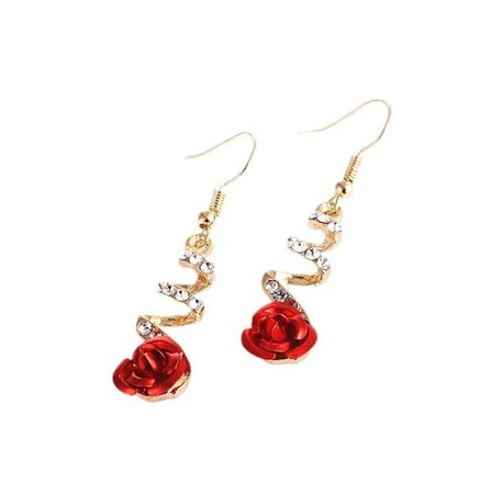 Boho Akryl Røde Roseøreringe - CZ Rosendråbe & Spiralvedhæng Øre