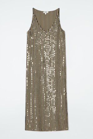 COS Women's Striped Sequinned Slip Dress in Beige