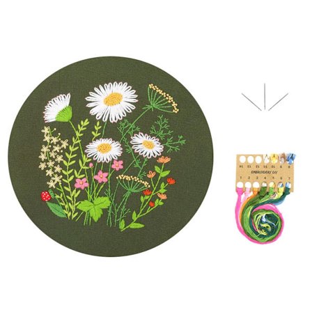 Broderiset for DIY broderistartersett for voksne nybegynnere - Stemplet blomstermønster med instruksjoner, tråder og nåler