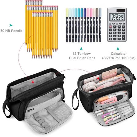 Skole Penalhus Stor Kapacitet Penalhus Skole Makeup Taske til Piger Drenge Studerende, Sort