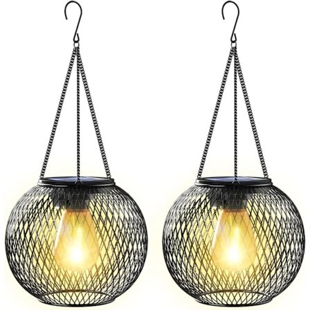 Solcellelamper, 2-pak solcellelygter med IP65 vandtæt hængende metal havekunst have til terrasse hegn ornament varm hvid