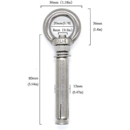Ekspansjonsbolter M8 X 80mm Stålhylse Øyebolt 304 Rustfritt Betong Ekspansjonsanker Øyeskruer Dybler Bolter 5-pakning
