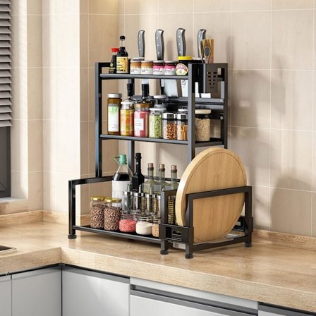 Krydderhylle med flere nivåer - Stor kapasitet - Metall med redskapsholder - Skjærebrettholder Svart 50cm*52cm