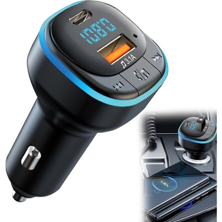 Bluetooth 5.0 FM-sändare, Handsfree Bluetooth-adapter med stöd för 5V/3.1A USB + Type C, Bluetooth-bilmusikspelare med blått omgivningsljus