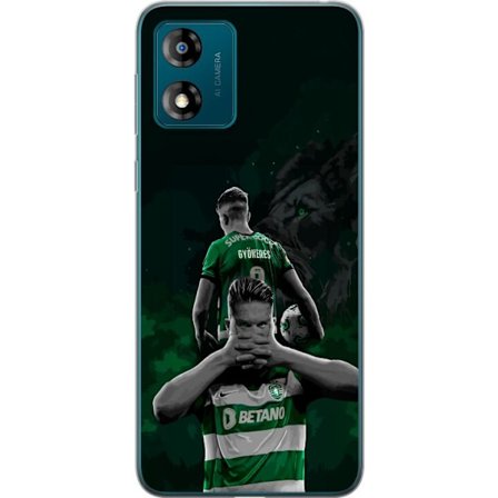 Kompatibelt Mobildeksel til Motorola Moto E13 Neonmotiv med teksten "Gaming is in my DNA" på en blå og rød murvegg med en lysende DNA-spiral.