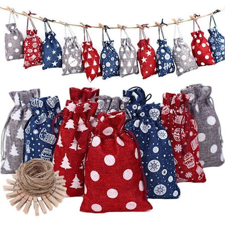1 Set Jul Adventskalender Påsar Dragsko Väska Godis Presentförpackningspåsar