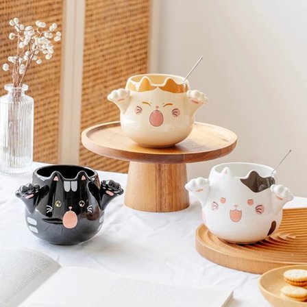 Cartoon Ceramic Cute Cat Mugs With Spoon Creative Cat Paw Mug Coffee Tea Milk Oatmeal Cup Large Capacity Animal Cups Funny Gift