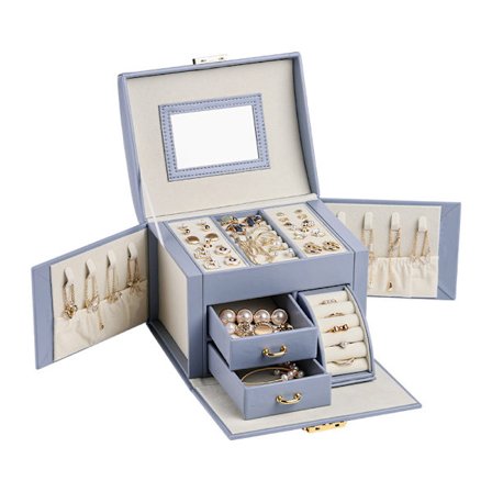 Stor smyckeskrin i syntetiskt läder med spegel, klockförvaring, halsband, ring, örhänge förvaring, låsbar presentförpackning (Blå)