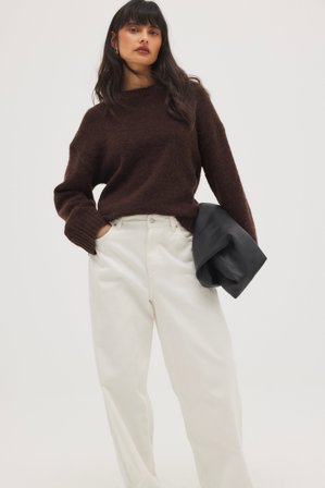 Premium Selection Pull en maille de mohair à encolure ronde - Qualité premium - Brun - XL