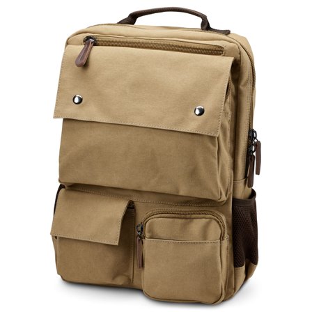 Mustard Yellow Canvas & Brown Leather Compact Backpack for Men - Backpacks