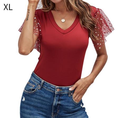 Dam T-shirt Sommar V-hals Gaze Paljett Kortärmad Casual