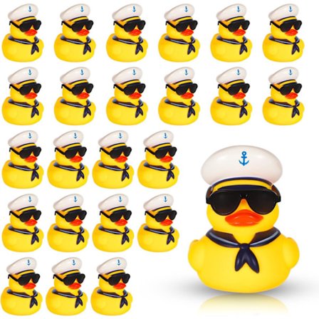 24 stk. Gummiænder med solbriller, Krydstogtænder Gule Badekarænder Mini Sejlende Pibende Ænder med Hatte Badelegetøj