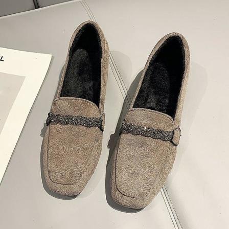 Höst Vinter Dam Loafers. Båtskor med låga klackar Plush Khaki 7.5