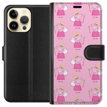 Kompatibelt Lommeboketui til Apple iPhone 14 Pro Max Greta Gris og Peppa Pig med dinosaurer og dyr, leken tegnet barnekunst på blå bakgrunn