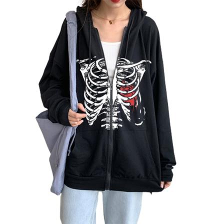 Harajuku Hoodie Med Dragkedja Från 90-talet Halloween Kostym Rhinestone Skull Print