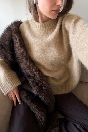 Premium Selection Pull en maille de mohair à encolure ronde - Qualité premium - Beige - XL (EU 46)