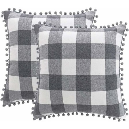 Rutiga örngottset med 2 dekorativa örngott med tofsar dekorativ örngott 45x45cm med dold dragkedja grå och vit