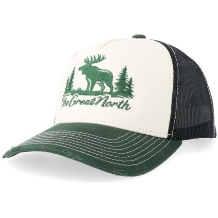 Wild Spirit - Vit trucker Keps - The Great North Green Elk Distressed Off White/Black/Green Pigment Washed A-frame Trucker @ Hatstore