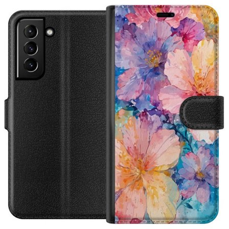 Kompatibel Tegnebogsetui til Samsung Samsung Galaxy S21+ 5G Vandfarve maleri med store blomster i lyserød, blå og gul toner i en blød kunstnerisk s