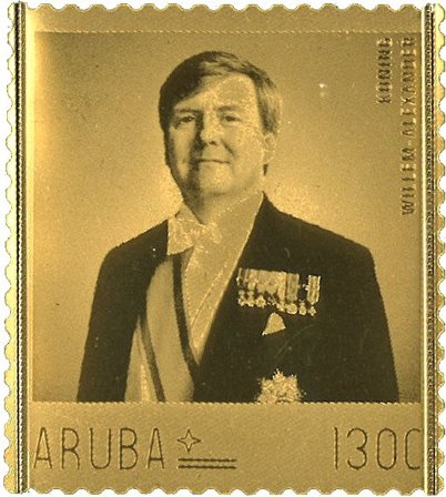 Aruba - Guldfrimærke 10-året for tronskiftet - Postfrisk frimærke i 24 karat guld indkapslet og i skrin